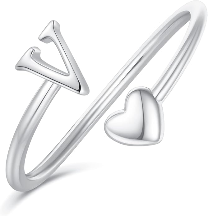 Initial Rings for Women Girls - Valentines Day Gifts for Her, Adjustable Rings for Women Non Tarnish Letter A-Z Dainty Heart Ring Teen Girls Gifts Trendy Stuff Personalized Jewelry Gift