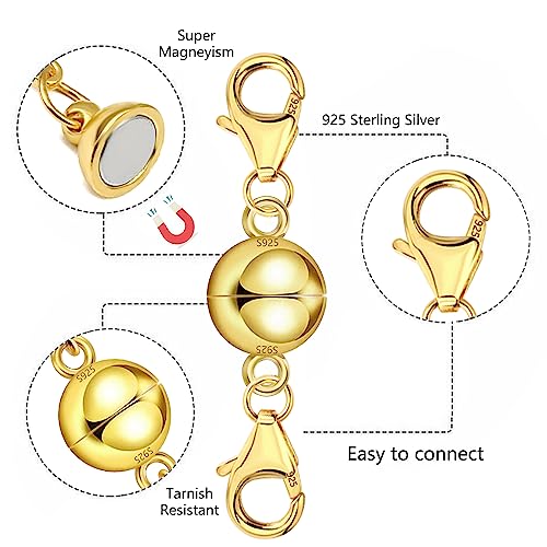 Magnetic Necklace Clasps and Closures 14K Gold Plated 925 Sterling Silver Necklace Extender Magnetic Jewelry Clasps for Bracelet Extenders - color: B-14K Gold