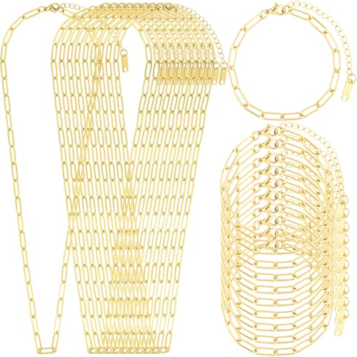 20 Pcs Chain Necklace Bracelets Kit, 18K Gold Paperclip Chain, Including 18 Inch Necklace & 6.5 Inch Charm Bracelet with Lobster Clasps, Perfect for Women DIY Jewelry Making - color: 20 PCS 18K Gold