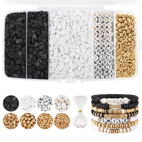 White Black Clay Beads Bracelet Making kit, Funtopia Heishi Beads Polymer Clay Beads for Jewelry Making, Friendship Bracelet Kit with Gold Beads Alphabet Letter Beads for Girls Adults (6mm) - color: 3.Black and white