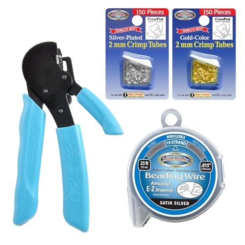 Bead Buddy Jewelry Making Kit Bundle, 1 Step Crimper Tool with 50 Tubes, 150 Gold & 150 Silver 2mm Crimp Tubes, 25ft Satin Silver Beading Wire, DIY Bracelet & Necklace Supplies