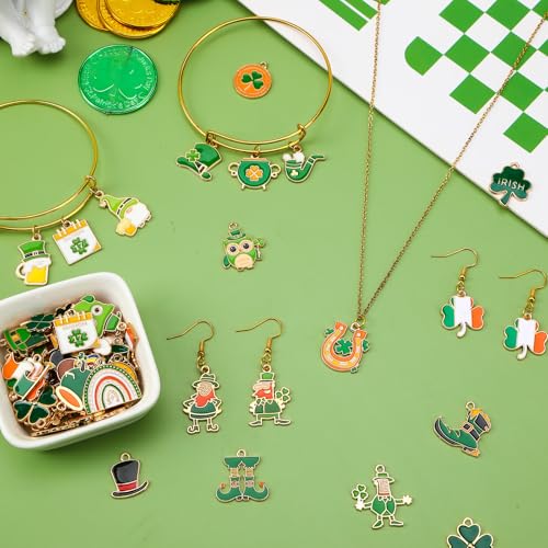 MARFOREVER 120 PCS St. Patrick's Day Charms, Green Shamrock Charms for Jewelry Making, Assorted Gold Enamel Irish Hat Coins Beer Gnome Charm Pendants for Bracelet Necklace Earrings Making Supplies - style: St Patricks Day