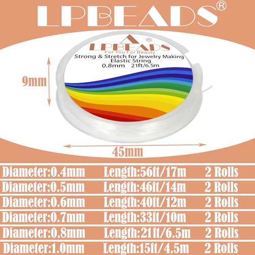 Elastic Bracelet String Cord, LPBeads 12 Rolls 6 Different Sizes Crystal Clear Stretchy Elastic Bead String for Bracelets, Jewelry Making and Clay Pony Seed Stone Beads with Beading Needles and Ruler