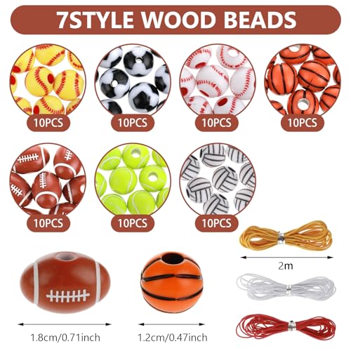 Ouligay 70pcs Sports Beads, 12mm Basketball Baseball Volleyball Football Tennis Softball Beads, Acrylic Beads for Crafts Bracelets Necklace Pendants(7 Styles 10pcs Each)