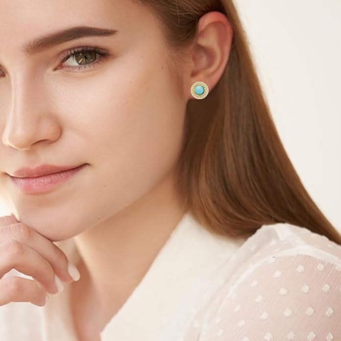 Larimar Stone Stud Earrings for Women, Gold Plated Brass