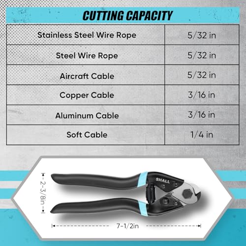 SHALL Cable Cutter, 7-1/2 inch Wire Rope Cutter Heavy Duty for Cuttng Up to 5/32", Chrome Vanadium Steel Jaw for Hard Wire Ropes, Steel Wires, Aircraft Cables, Railing, Metal Fence, Bike Bicycle Brake