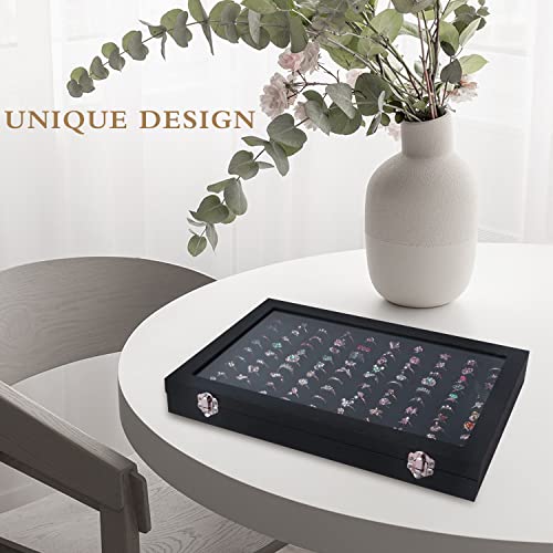 OSPNIEEK Ring Jewelry Organizer Box, 100 Slot Rings Display Storage Case Earring Showcase - Black Velvet Jewelry Stand Holder Tray with Transparent Glass Lid - Ideal Gift for Women Girls - size: 100 Slot