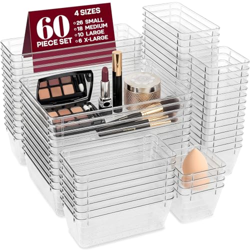 60 Pcs Makeup Drawer Organizer Set, 4 Sizes Versatile Bathroom and Vanity Drawer Organizer for Makeup, Non-Slip Desk Organizer Trays for Bedroom, Office, Fits Jewelry and Office Supplies - size: 60Pack