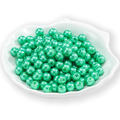 200Pcs Glass Pearl Beads Faux Pearls Round Czech Tiny Satin Luster Spacer Loose Beads Bulk with Holes Handcrafted for DIY Bracelets Jewelry Making Crafts Supplies (6MM, Green) - color: Green, size: 6MM