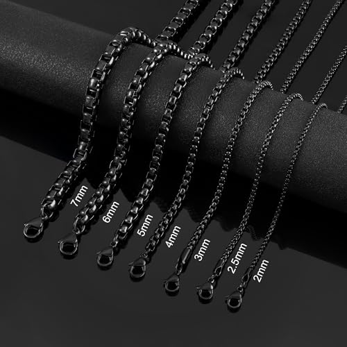 Square Rolo Chain Necklace Stainless Steel Round Box Necklace for Men Women/2mm-7mm/16Inch-36Inch - color: Stainless Steel-Black, size: 32 Inches, style: 2 mm width