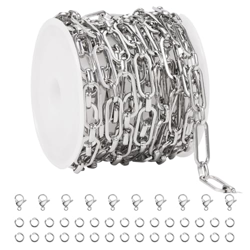 SMYHTGLIF 9.8 Feet Stainless Steel Paperclip Chain Bulk Silver Chain for Jewelry Making DIY Jewelry Roll with Lobster Clasps and Jump Rings - color: Paperclip Silver