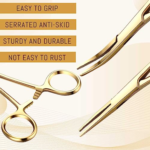 BBTO Hemostat Curved and Straight Hemostat Forceps Piercing Pliers Forceps, Stainless Steel Straight and Curved Pliers, Fishing Tweezer(Gold,2 Pcs) - color: Gold