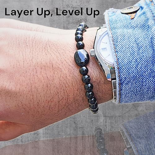 Black Obisidian Bracelets for Men 8" Inch Full Stretch Healing Crystal Bracelet, Beaded Charm Bracelet for Men Gifts Fathers Day Anniversary Birthday Gifts for Him - color: Black Obsidian & Black Onyx Charm Bracelets
