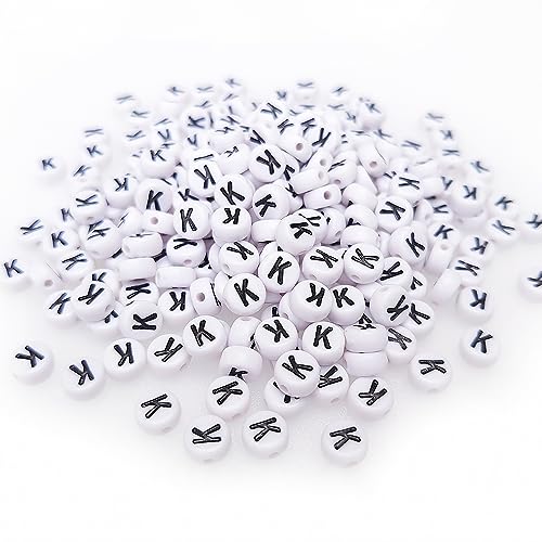 200+ Pieces 4x7mm Single K Letter Beads for Jewelry Making, White Round Acrylic Bulk Alphabet (Black on White) - size: Single letter K 200+ Pcs