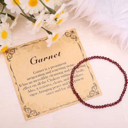 BONNY BOXX Natural Genuine Gemstone Faceted Round Beads Bracelets, 3mm Adjustable Stretchy Tiny Faceted Black Tourmaline Bracelet, Healing Crystal Reiki Chakra Dainty Jewelry Fashion Gifts - color: Garnet