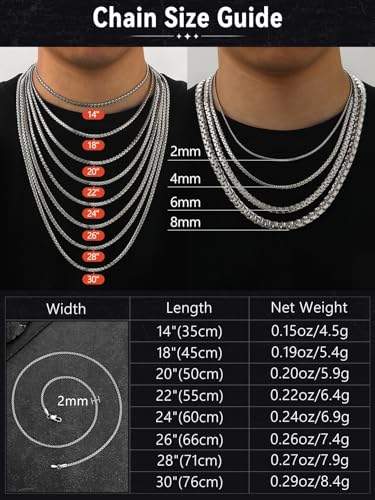 FaithHeart Mens Black/Silver/Gold Stainless Steel Flat Box Link Chain Necklace, Stylish 2/4/6/8mm Width Box Chains Necklaces for Men Non Tarnish Hip Hop Chain Jewelry Gifts,14"-30" Length - color: 2mm Width-Classic Silver, size: 14 Inches Length