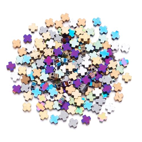 200 Pcs Hematite Cross Beads for Jewelry Making 3 mm Natural Hematite Beads Small Cross Crucifix Bracelet Charms Gemstone Round Loose Bead for Women Men Bracelet Jewelry Making - color: Hematite-Colorful