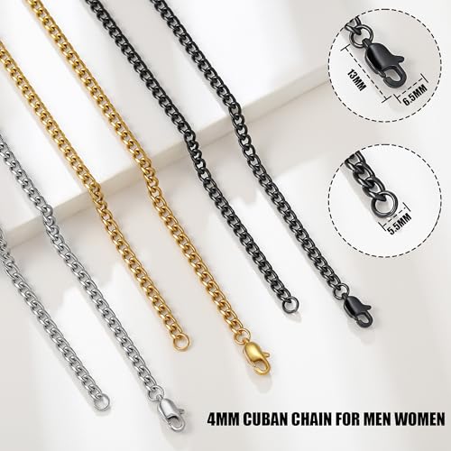 3 Pcs Cuban Link Chain Necklace for men, 4mm Stainless Steel Silver Black and 18K Gold Plated Chains Necklace men Women, 18"/22"/26"/30 Inches - size: 22 Inches
