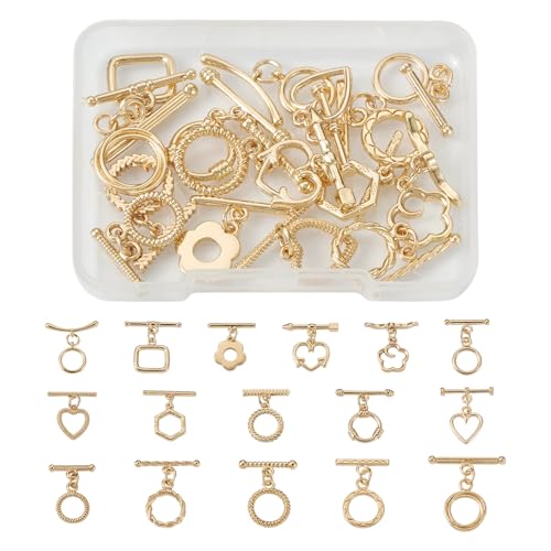 32 Pcs Gold Toggle Clasps Brass OT Toggle Jewelry Clasps Heart & Flower & Round Ring T-Bar Closure Clasp Fastener IQ End Connectors for DIY Necklace Bracelet Jewelry Making - color: Golden-Mix Styles