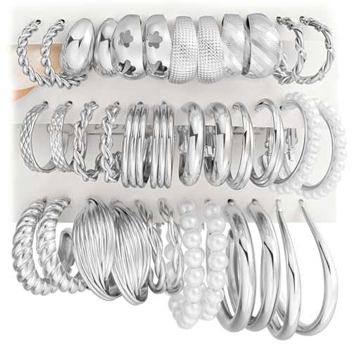 Gold Hoop Earrings Set for Women, 18 Pairs Hypoallergenic Statement Open Pearl Hoops Earring for Multipack, Gold Chunky Hoop Earrings for Women Trendy Jewelry - color: Silver-A-18 pairs