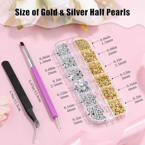 Gold and Silver Nail Charms and Gems, 1.5-5mm Half Round Flatback Nail Pearls Ball Beads Silver Gold Pearls for Nails with Pickup Pencil and Tweezers (12-K1-half-pearls-gold-silver) - color: 12-K1-half-pearls-gold-silver