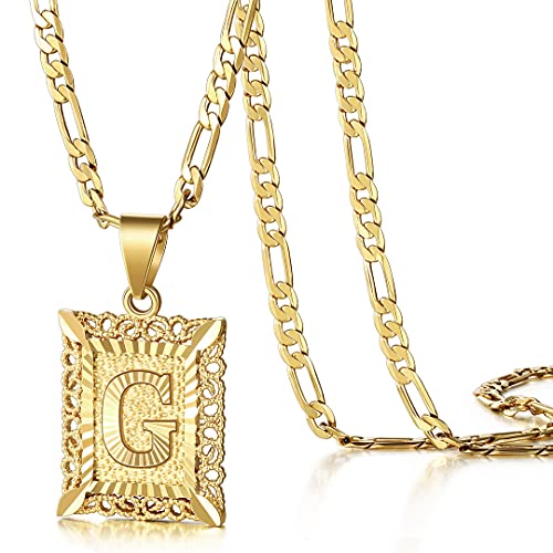 KissYan Initial Letter Pendant Necklace for Men Women, 14K Gold Plated Square Capital Monogram Necklace Alphabets from A-Z Figaro Chain Jewelry - color: 1-Gold, style: G