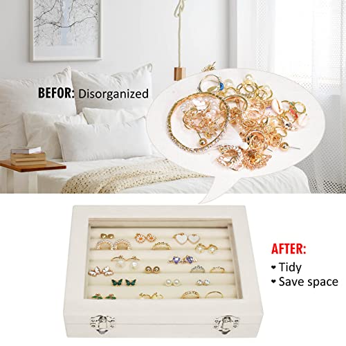 Vicoter Rings Organizer Tray 7 Slots Velvet Jewelry Earring Storage Box with Transparent lid Jewelry Display Case for Girls Wife Mom Women (Beige) - color: Beige