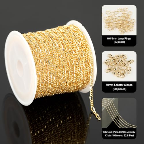 YOUBEIYEE 32.8 Feet 18K Gold Plated Chain for Jewelry Making Twist Chain Link for Women Necklace Bracelet DIY Jewelry Chains Bulk with Jump Rings and Lobster Clasps - color: Lip