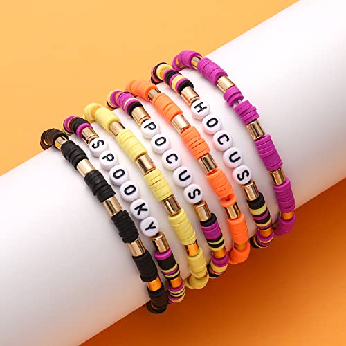 FAERLIIRY Halloween Bracelets for Women Preppy Heishi Bracelets HOCUS POCUS SPOOKY Letter Stack Vinyl Disc Beads Surfer Stretch Bracelet Halloween Cosplay Jewelry Gifts - style: HOCUS POCUS