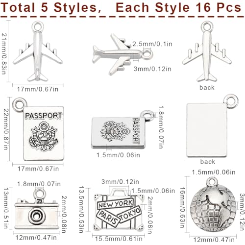 SUNNYCLUE 1 Box 80Pcs 5 Styles Alloy Travel Charms Passport Charms Bulk Tibetan Silver Retro Metal Airplane Camera Map Suitcase Pendants for Jewelry Making Supplies DIY Necklace Bracelet Earring