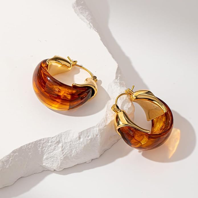 Brown 14k Gold Plated Amber Resin Hoop Earrings for Women Trendy, Retro Chunky Lightweight Hoop Drop Statement Jewelry Earrings for Party Wedding