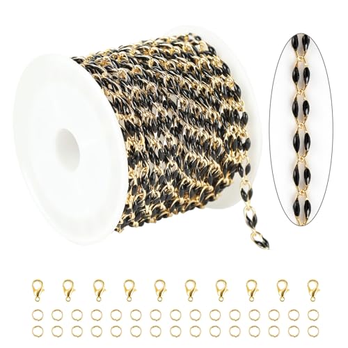 13 Feet/4M Gold Plated Brass Jewelry Making Chain Spool Black Oil Drip Enamel Chain Necklace Large Lip Chain with Lobster Clasps Jump Rings for DIY Craft Supply Jewelry Findings - color: Black Lip