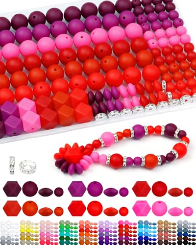 FIVEIZERO 172PCS Silicone Beads for Keychain Making, 6 Red Shades | 4 Assorted Shapes, Includes Rhinestone Spacers, Premium Silicone, Easy to Clean, Durable and Flexible - color: red