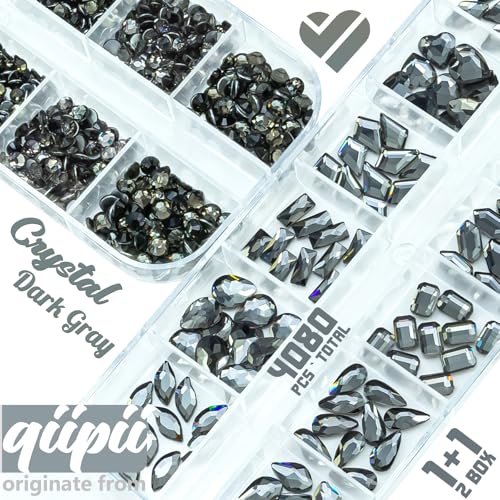 qiipii Black Diamond Nail Rhinestones Multi Shapes Crystals Flatback K9 Glass Dark Gray Stones Gems Round Beads Diamonds Jewels Charms for Nails Face Eyes Makeup Clothes Shoes Crafts Tumblers Bottles - color: Black Diamond, size: A Set