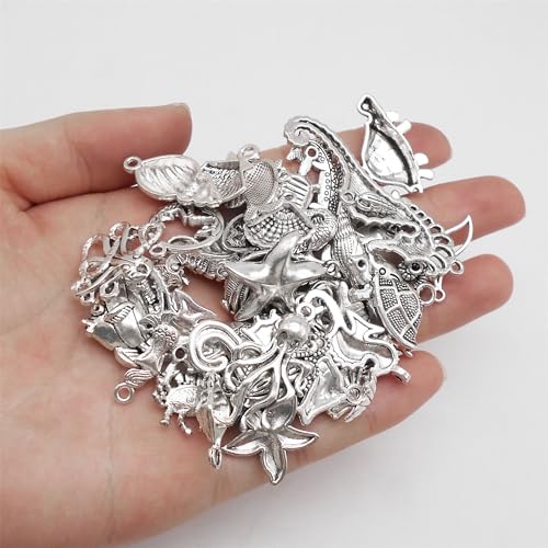 Julie Wang 90PCS Alloy Ocean Pendants Antique Silver Gold Tone Mermaid Tail Seahorses Shell Starfish Mixed Sea Charms for Necklace, Bracelet Summer Beach Jewelry Nautical Themed Craft Supplies - color: Antique Silver