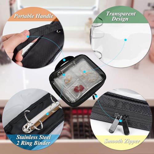 Travel Jewelry Organizer Case Transparent Jewelry Storage Book Binder Bag for Earrings, Rings, Necklace, Bracelet,Black - color: Black,Clear Window