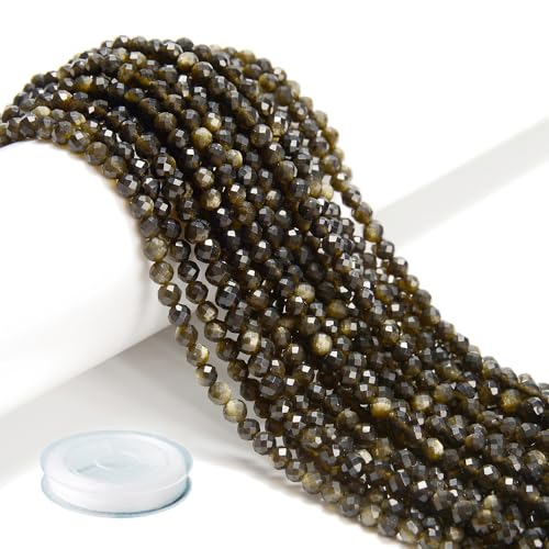 AD Beads Natural Gemstone Diamond-Cut Micro-Faceted Round Tiny 4mm Small Round for DIY Necklace Jewelry Making Beads (Gold Obsidian) - color: Gold Obsidian