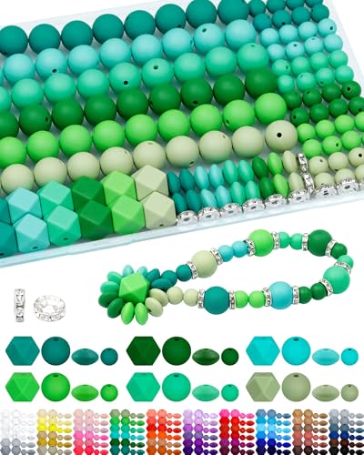 FIVEIZERO 172PCS Silicone Beads for Keychain Making, 6 Green Shades | 4 Assorted Shapes, Includes Rhinestone Spacers, Premium Silicone, Easy to Clean, Durable and Flexible - color: green