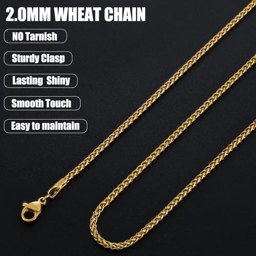 Fiusem Black Wheat Chains for Men and Women, 2/2.5/3/4/5mm Stainless Steel Necklace Chain, Mens Necklace Jewelry Gift 16-28 Inch - size: 18 Inches, style: Gold 2.1MM