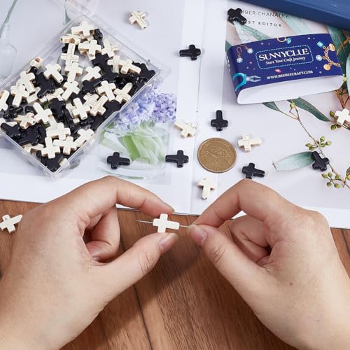 SUNNYCLUE 1 Box 100Pcs Cross Beads Bulk Black White Stone Cross Bead 16x12mm Synthetic Turquoise Gemstone Mini Small Pocket Crosses Easter Holiday Loose Spacer Beads for Jewelry Making Beading Kits - color: 100pcs 12x16mm Black White Cross Beads