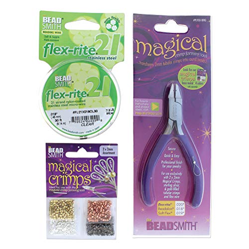 The Beadsmith Magical Crimper Kit - Includes Crimp Forming Pliers, 500 2x2 mm Crimp Tubes in Assorted Colors, and 21-Strand Flex-Rite Wire