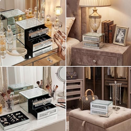 Kenning Silver Jewelry Box 2 Layer Glass Box for Women Mother's Day Crystal Jewelry Organizer Storage Luxury Necklaces Earrings Rings Bracelets Organizer for Mom Gift Decoration
