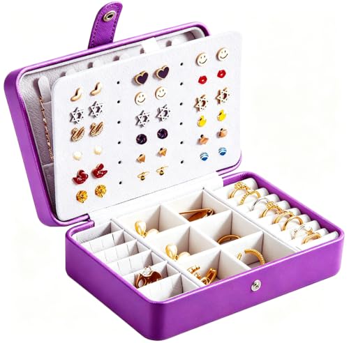 QBestry All-in-One Travel Jewelry Organizer for Women Purple | Small Jewelry Box with 68 Earring Holes | Compact Portable Jewelry Case for Earrings, Rings, Necklaces | Perfect Gifts for Mom Wife Girls - color: Purple