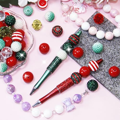 Exway 48 Pcs 20mm Red Green Acrylic Resin Rhinestone Bubblegum Beads, Round, Large, Sparkly Craft Beads for Pen, Beadable Keychain, Bracelet, Necklace, DIY Jewelry Making Supplies - color: Christmas