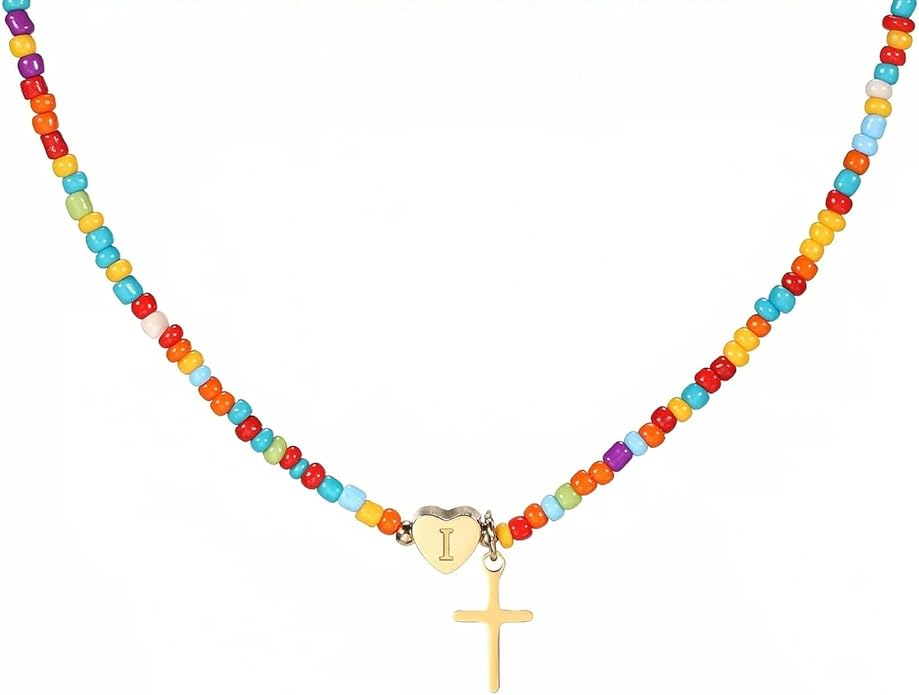 Colorful Initial Cross Necklace for Girls Women Kids - Teen Girls Gifts Trendy Stuff Beaded Letter Cross Choker Necklace for Girls Gifts Jewelry