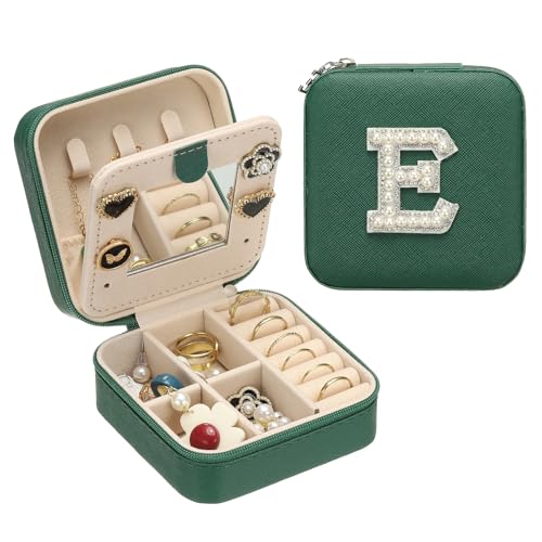 PATIKIL Travel Jewelry Case,E Initial Small Travel Jewelry Box Organizer Rings Earrings Storage Case Personalized Gifts for Women Girls Birthday Christmas Bridesmaid Gifts,Dark Green - style: E