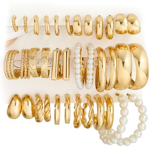 Gold Hoop Earrings Set for Women, 18 Pairs Hypoallergenic Statement Open Pearl Hoops Earring for Multipack, Gold Chunky Hoop Earrings for Women Trendy Jewelry - color: Gold-C-18 pairs