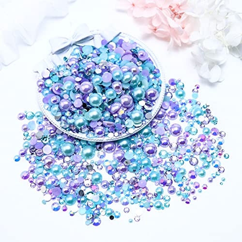 60g Flatback Pearls and Rhinestone Mix, 2mm-10mm Mixed Size Flatback Rhinestones and Pearls for Crafts Tumblers Shoes Nails Face Art, Purples|Aquamarine - color: Miss Mermaid Blend | Mix Purples | Aquamarine