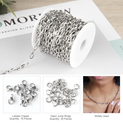 Kyutong 32.8 Feet Flat Oval Paperclip Jewelry Chain Link Silver Stainless Steel Chain Necklace Long Crafting Chains with Lobster Clasps and Open Jump Rings - color: Oval Paperclip Silver