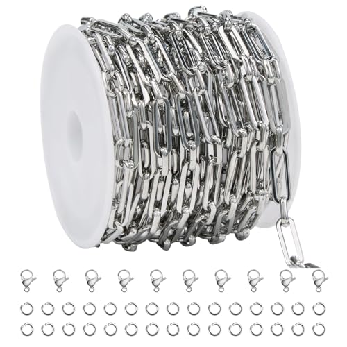 SMYHTGLIF 13 Feet Silver Stainless Steel Chain for Jewelry Making Paperclip Bulk Chain Spool Craft Jewelry with Lobster Clasps and Jump Rings - color: Paperclip Silver